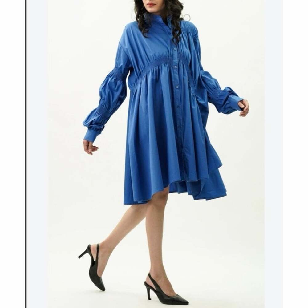 Boutique Blue Smocked Button Front Shirt Dress Oversized Long Sleeve Medium